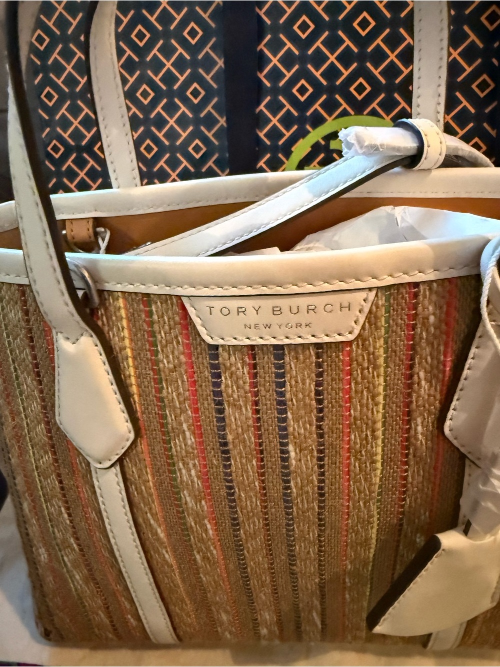 NWT Tory Burch Small Perry Striped Raffia Tote - Picture 5 of 14